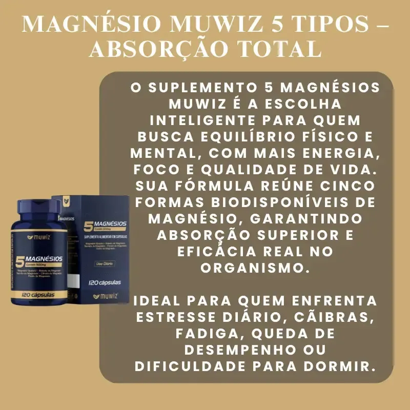 5 Magnésios 500Mg Quelato + Malato + Taurato + Citrato + Óxido de Magnésio - Muwiz - Imagem 3